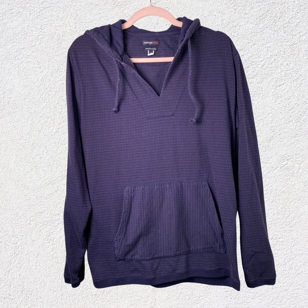 Burkman Bros‎ Hoodie Pullover Men M Navy Textured Knit Pocket Comfy Casual Top